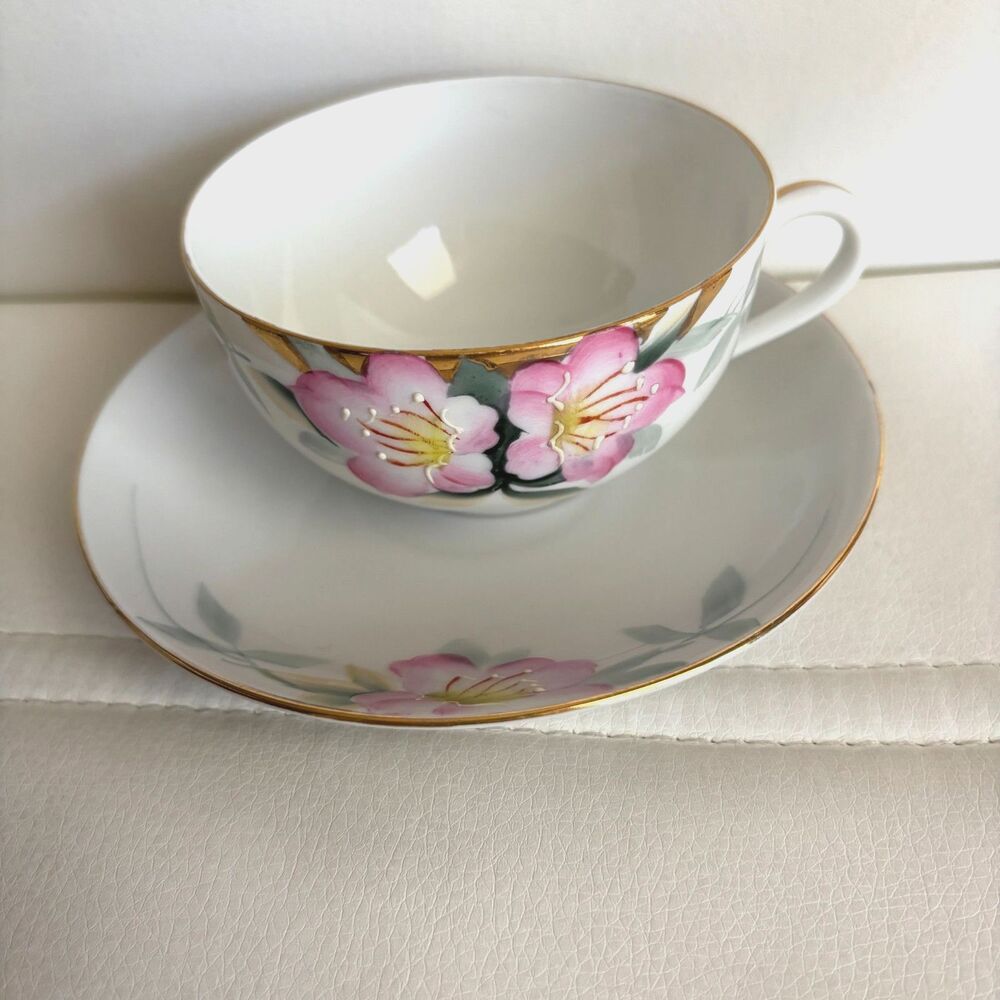Vintage Noritake Japan Hand Painted Pink Floral Teacup & Saucer Gold Trim
